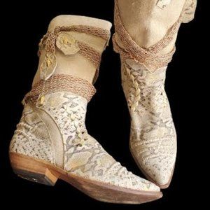 El Vaguero Leather/Linen Snakeskin Bohemian Western Boots SZ 7